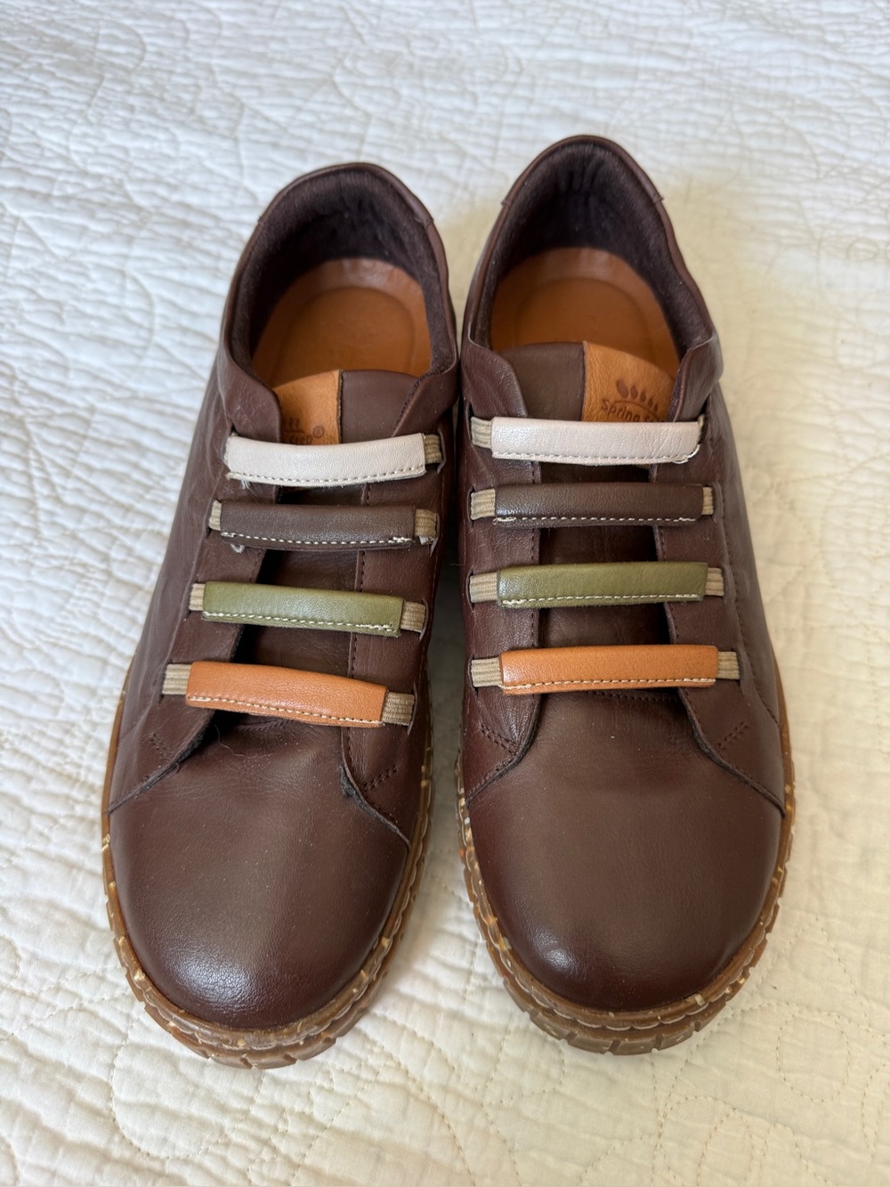 Women’s Brown Leather Casual Sneakers with Multi-Color Elastic Straps size 41